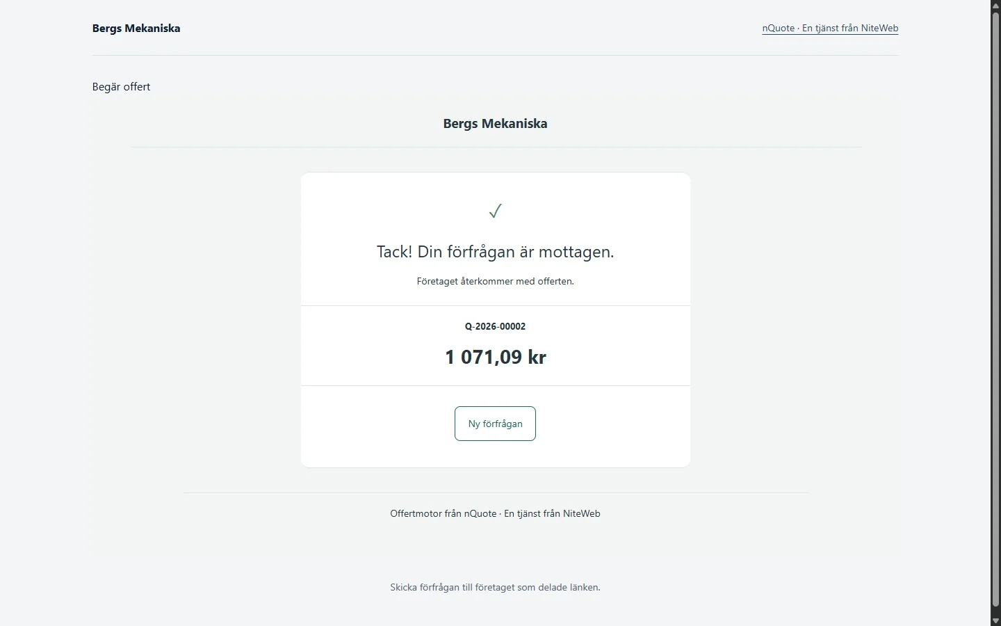 Skicka en offertförfrågan och få en bekräftelse.