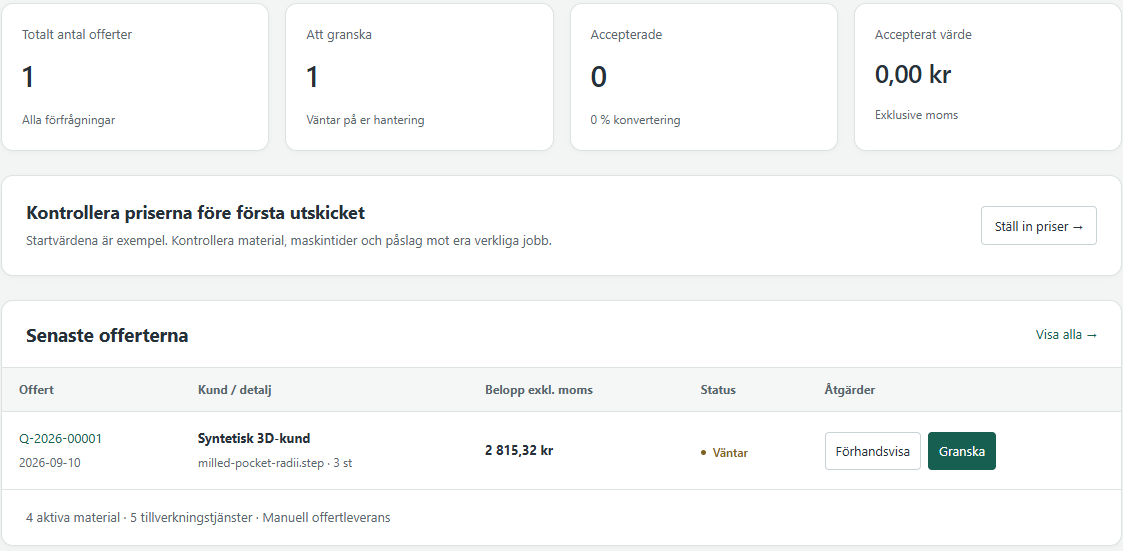 Företagsportalens offertöversikt med förfrågan, granskningsstatus och senaste offerter.